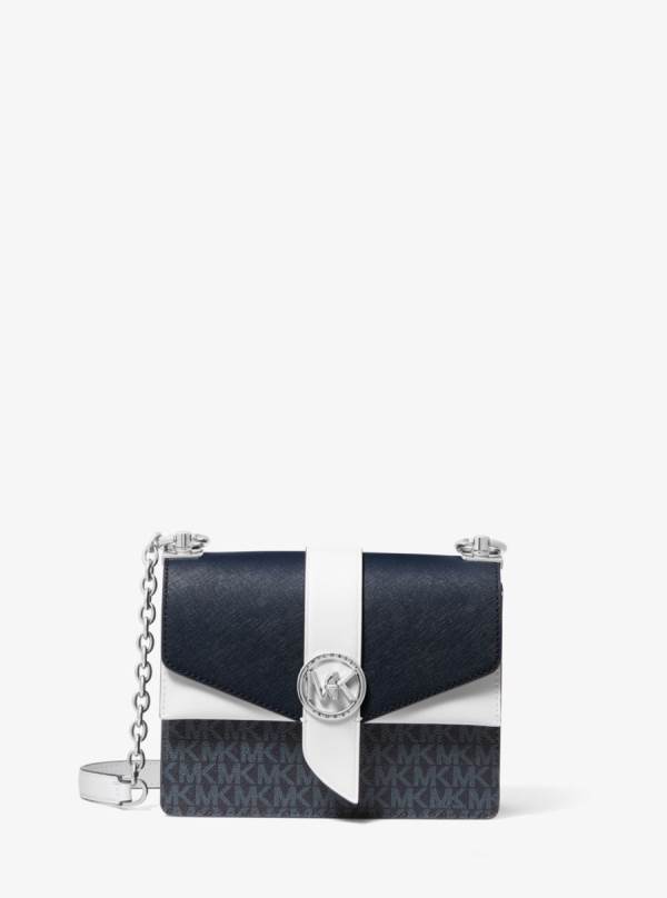 Damske Spojková Taška Michael Kors Greenwich Small Two-Tone Logo and Saffiano Leather Indigo Biele - Kabelky Michael Kors Levně | QTNAC-9465